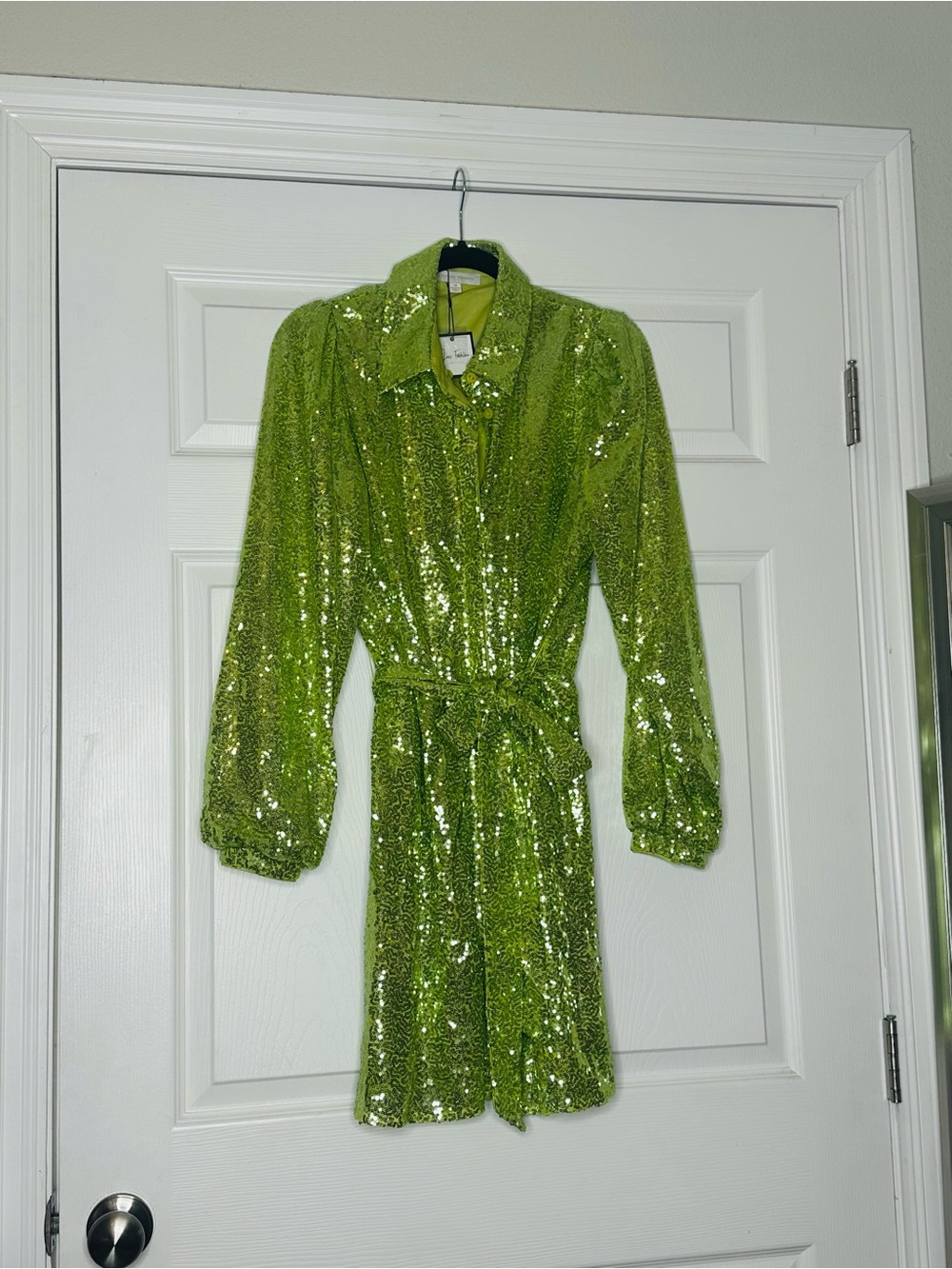 Flying Tomato Lime Green Sequin Belted Trench Coat Dress